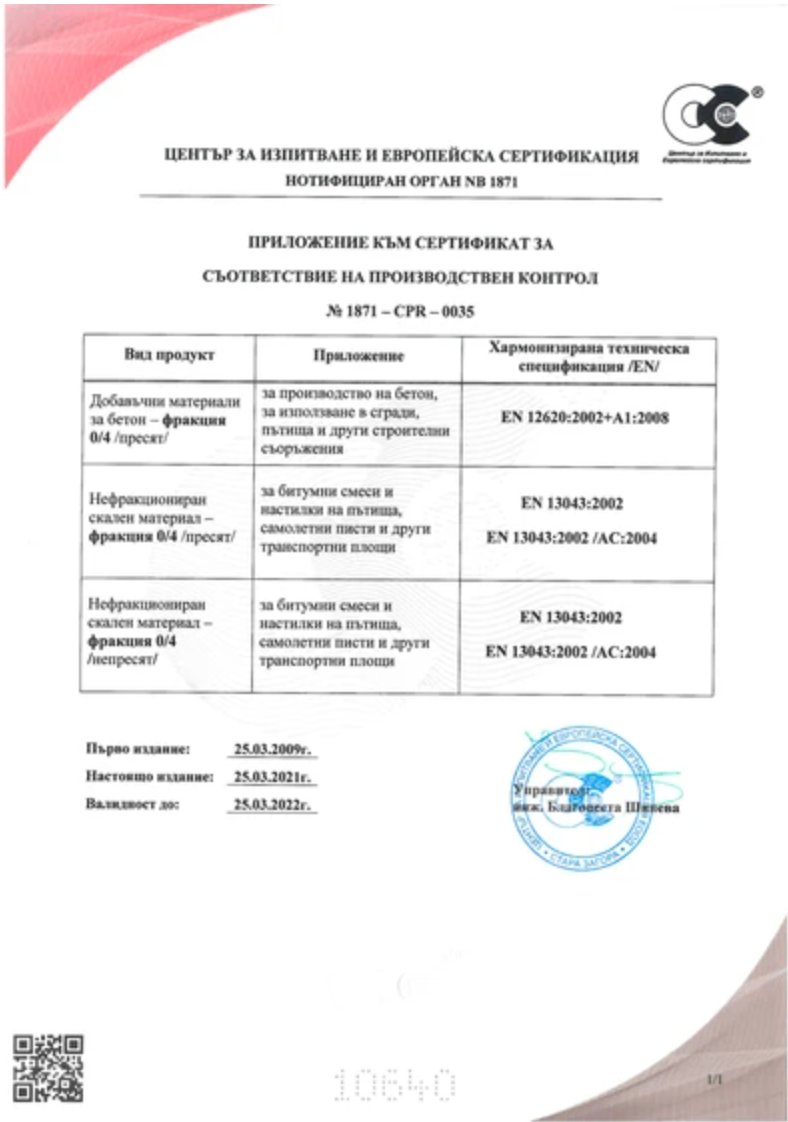Приложение към CPR-0035 ИНЕРТ ООД