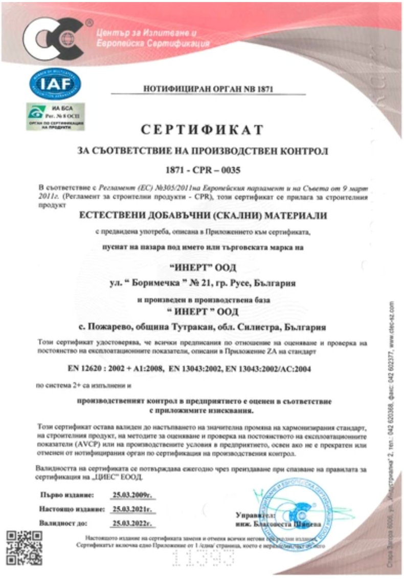 CPR Сертификат 1871-CPR-0035 ИНЕРТ ООД с.Пожарево