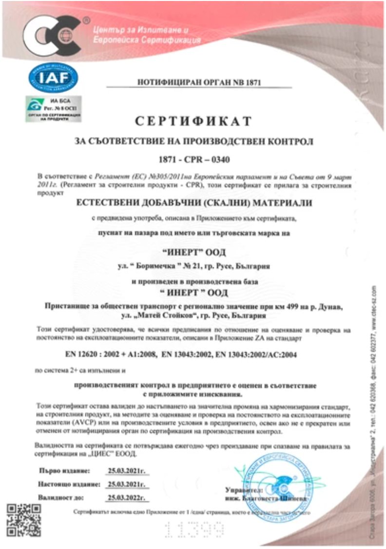 CPR Сертификат 1871-CPR-0340 ИНЕРТ ООД Русе